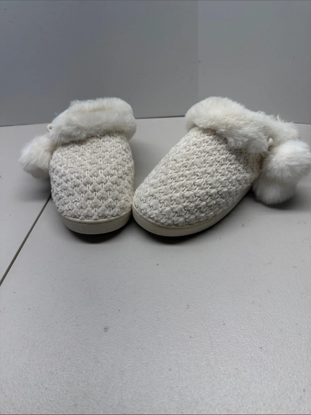Cuddl Duds Cream Knit Pom-Pom Kids Slip-On Slippers